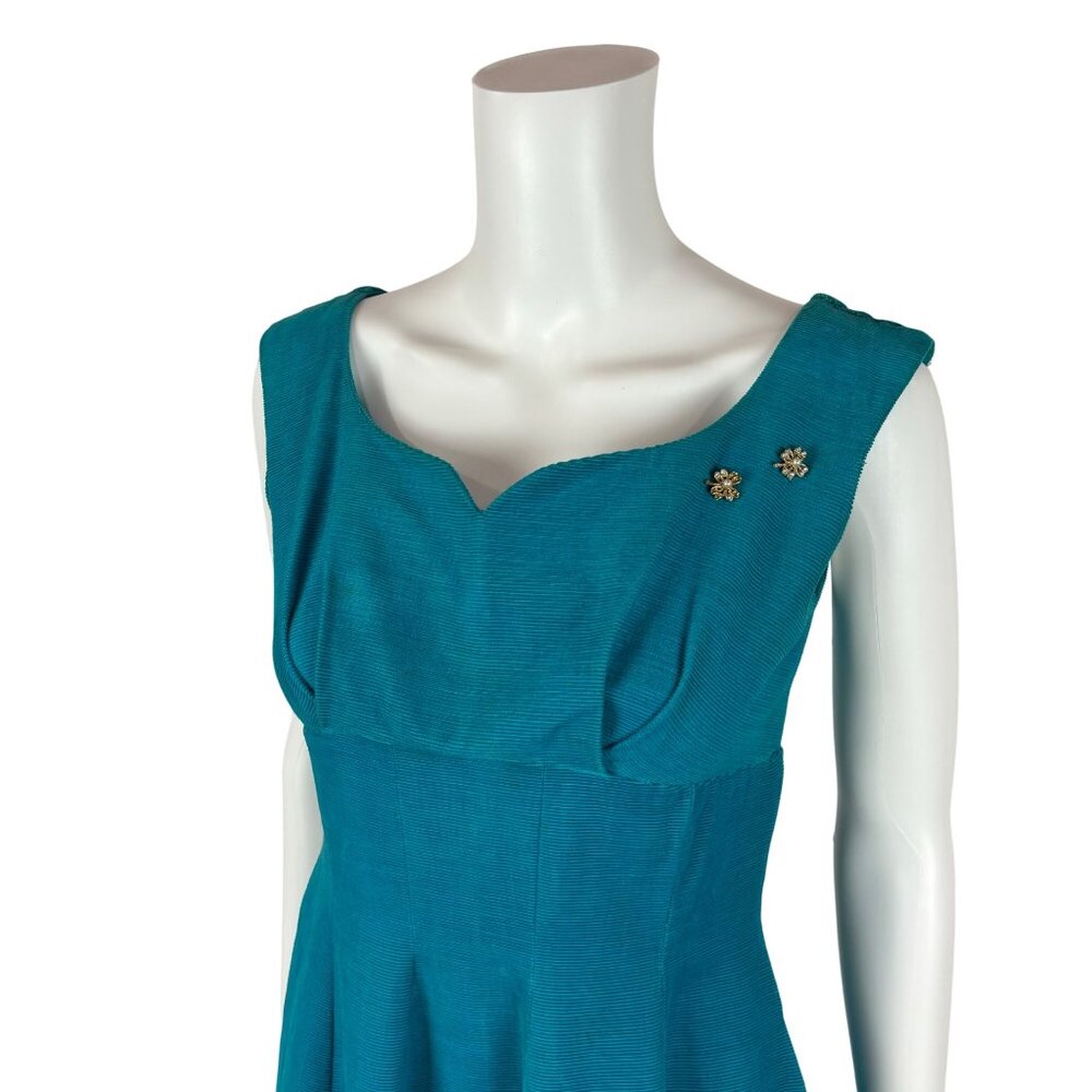 Vintage 50s Corduroy Dress Women's XXS Blue Bow Back Empire Bust Cocktail Fit & - Picture 4 of 10